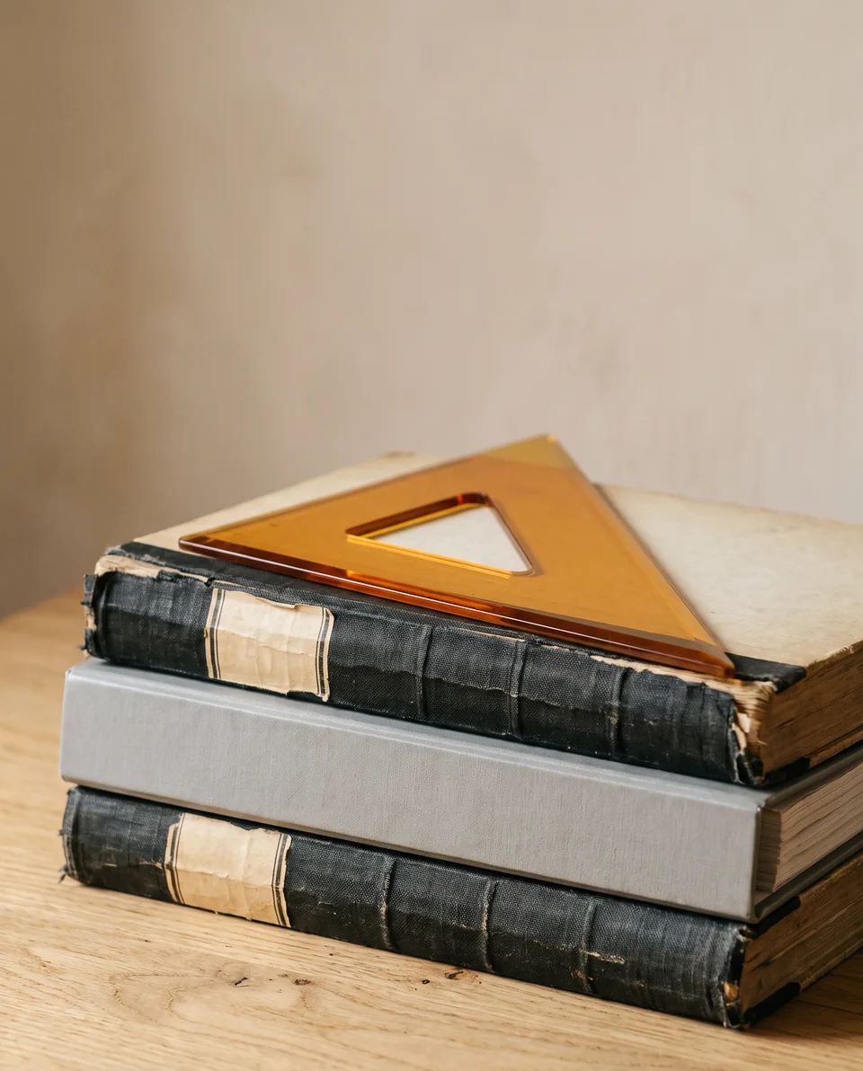 Una pila de libros contables gastados con la escuadra ámbar encima.